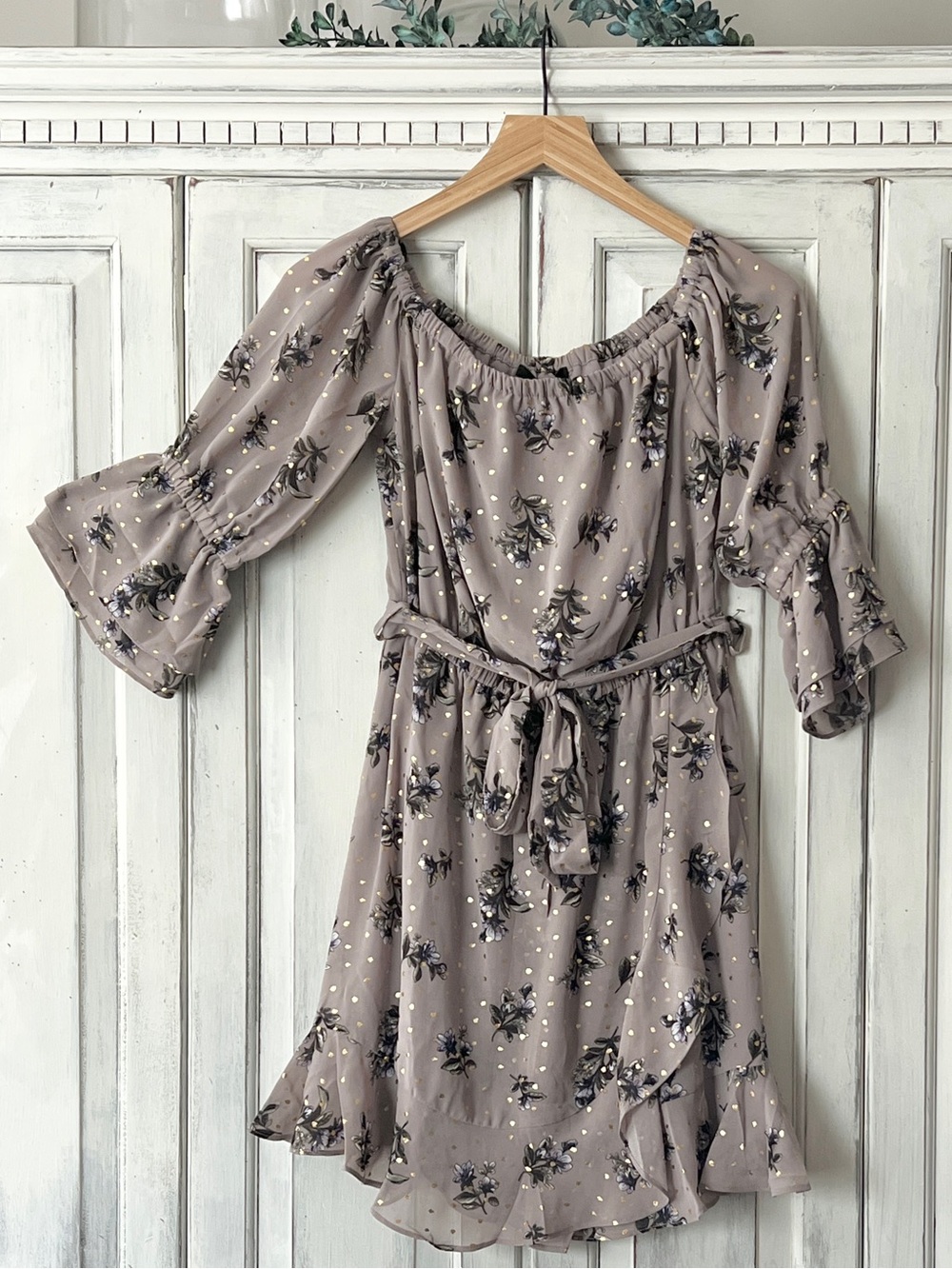 NWT 19 COOPER 3/4 Sleeve Off/On Shoulder Mini Dress-Floral Print w/Gold Dots
